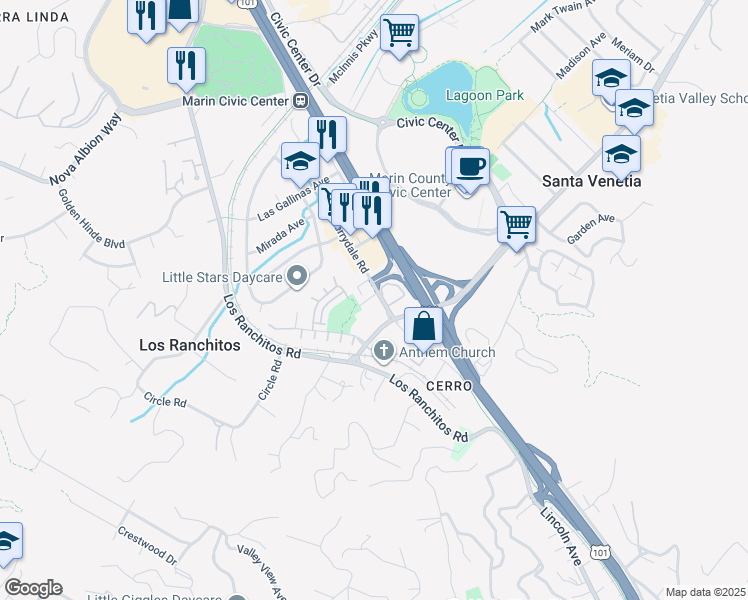 map of restaurants, bars, coffee shops, grocery stores, and more near 135 Merrydale Road in San Rafael