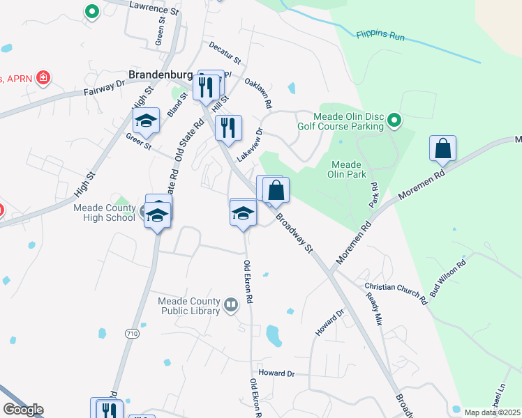 map of restaurants, bars, coffee shops, grocery stores, and more near 484-498 E Broadway in Brandenburg