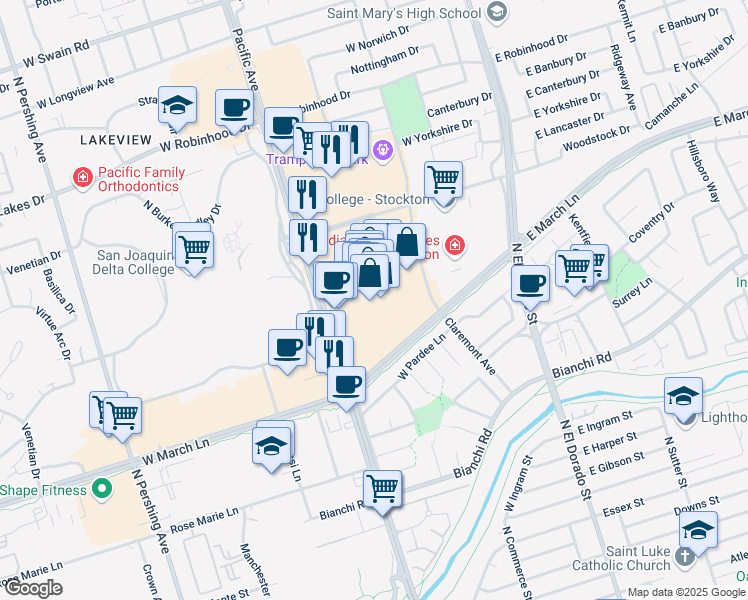 map of restaurants, bars, coffee shops, grocery stores, and more near in Stockton