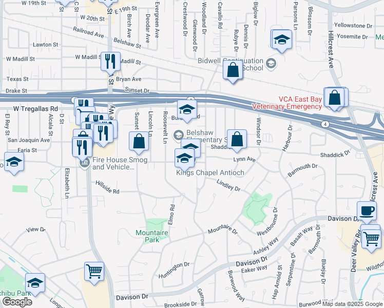 map of restaurants, bars, coffee shops, grocery stores, and more near 2852 Sweeney Road in Antioch