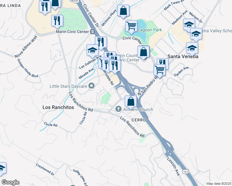 map of restaurants, bars, coffee shops, grocery stores, and more near 135 Merrydale Road in San Rafael