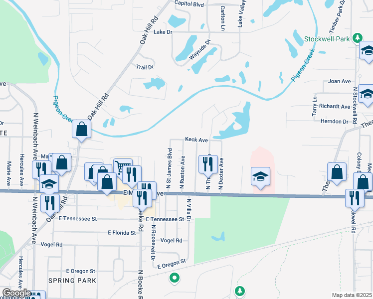map of restaurants, bars, coffee shops, grocery stores, and more near 2701-2799 Keck Avenue in Evansville