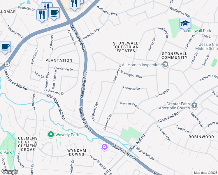 map of restaurants, bars, coffee shops, grocery stores, and more near 3425 Grasmere Drive in Lexington