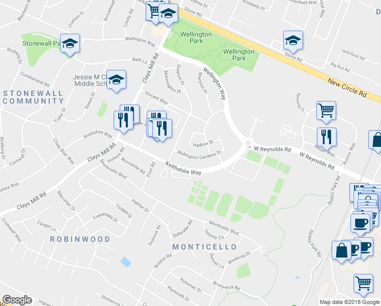 map of restaurants, bars, coffee shops, grocery stores, and more near 565 Wellington Gardens Drive in Lexington