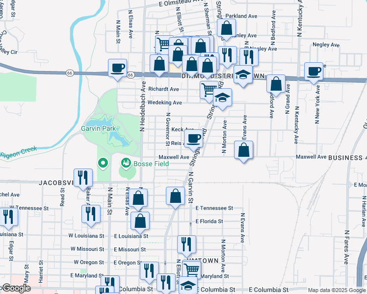 map of restaurants, bars, coffee shops, grocery stores, and more near 410 Reis Avenue in Evansville