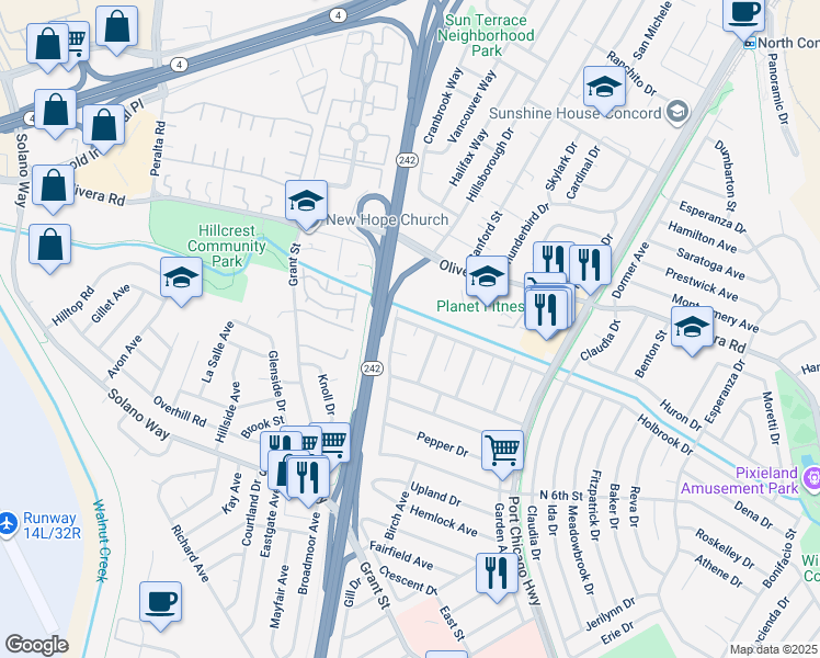 map of restaurants, bars, coffee shops, grocery stores, and more near 2206 Gehringer Drive in Concord