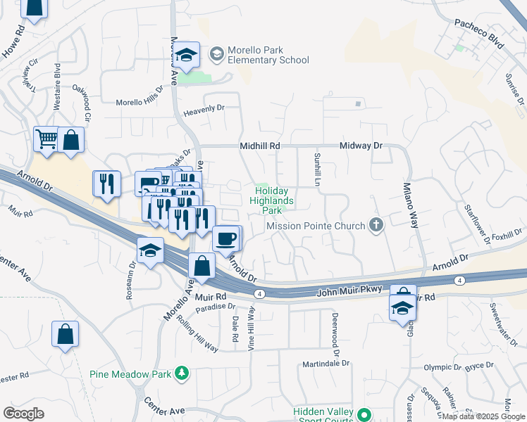 map of restaurants, bars, coffee shops, grocery stores, and more near 650 Fig Tree Lane in Martinez