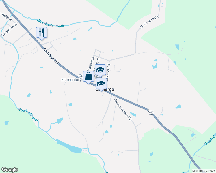 map of restaurants, bars, coffee shops, grocery stores, and more near 2588 McCormick Road in Camargo