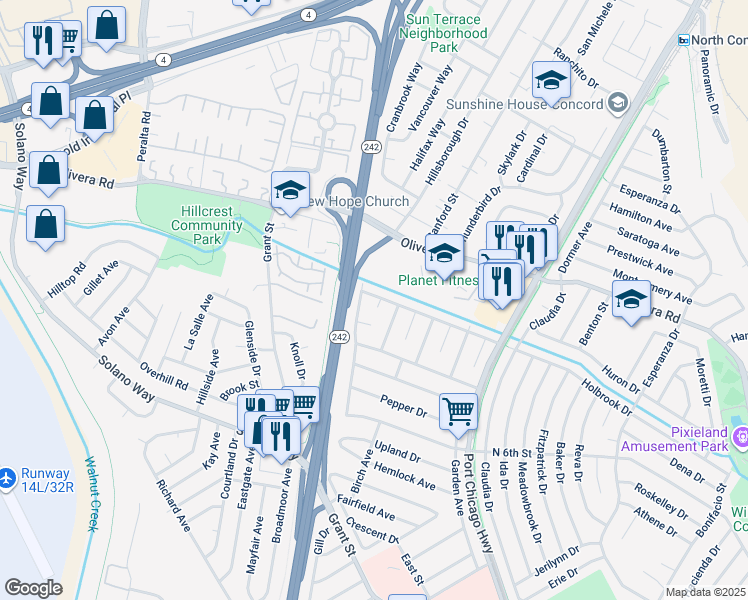map of restaurants, bars, coffee shops, grocery stores, and more near 2206 Gehringer Drive in Concord
