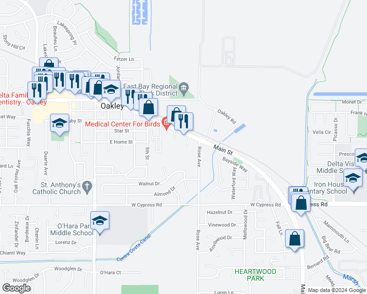 map of restaurants, bars, coffee shops, grocery stores, and more near in Oakley