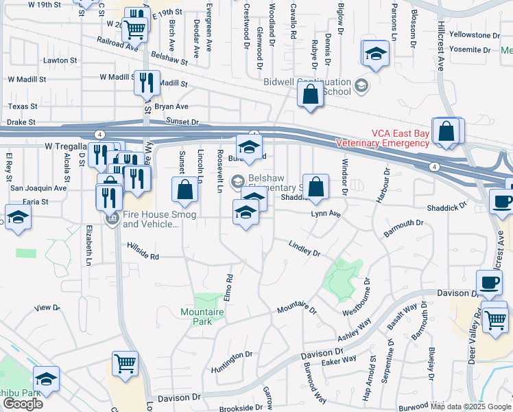map of restaurants, bars, coffee shops, grocery stores, and more near 2852 Sweeney Road in Antioch