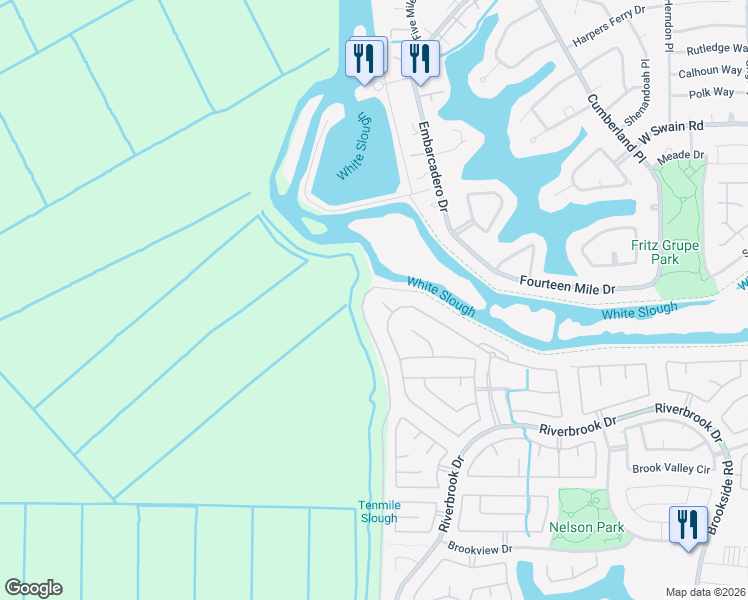 map of restaurants, bars, coffee shops, grocery stores, and more near 4334 Riverbank Court in Stockton