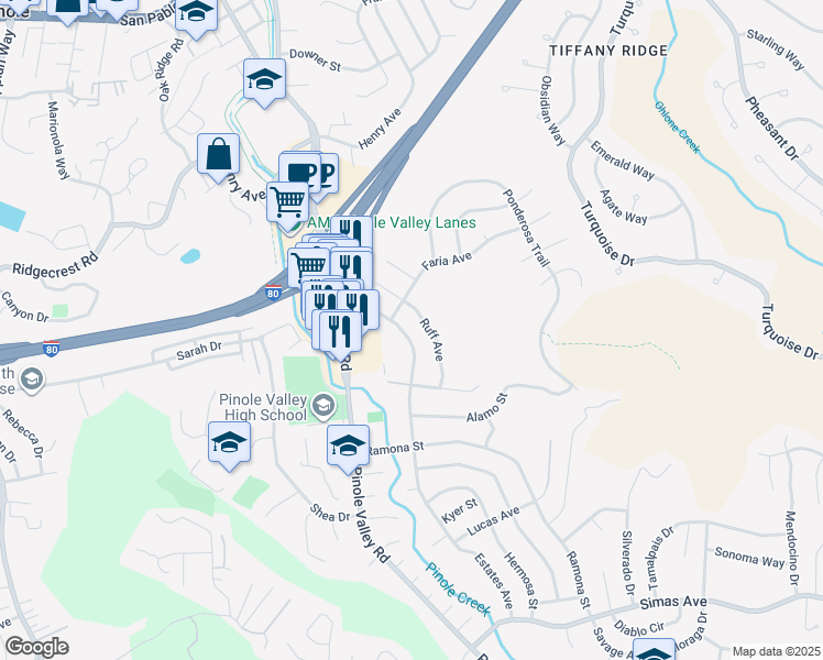 map of restaurants, bars, coffee shops, grocery stores, and more near 2823 Estates Avenue in Pinole