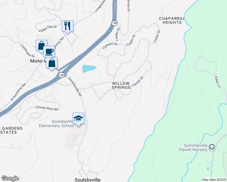 map of restaurants, bars, coffee shops, grocery stores, and more near 17396 Livermore Court in Soulsbyville