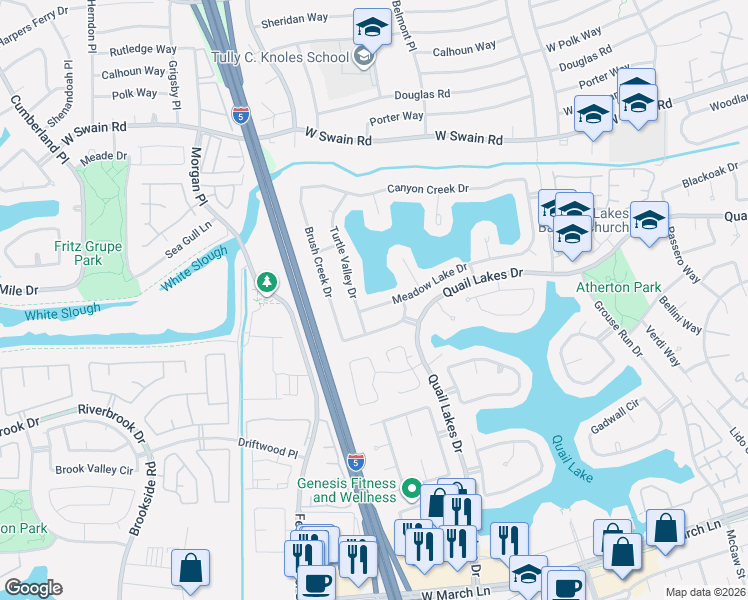 map of restaurants, bars, coffee shops, grocery stores, and more near 2621 Meadow Lake Drive in Stockton