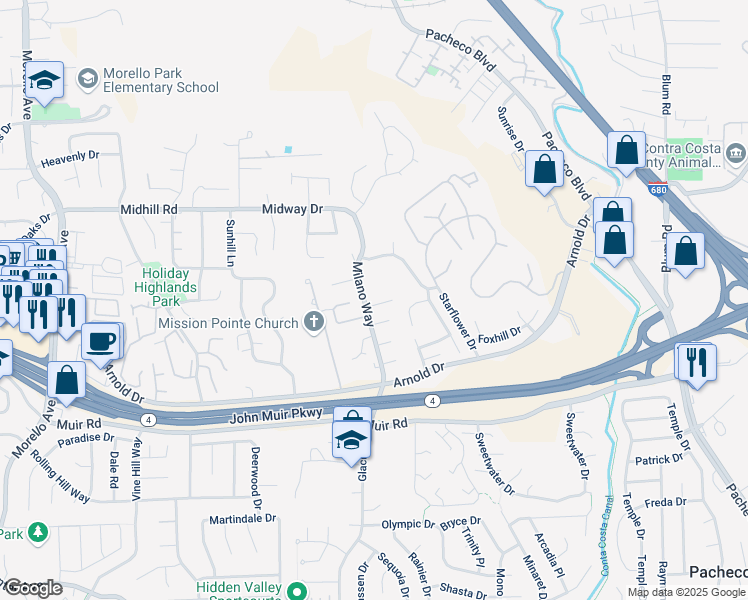 map of restaurants, bars, coffee shops, grocery stores, and more near 4961 Milano Way in Martinez