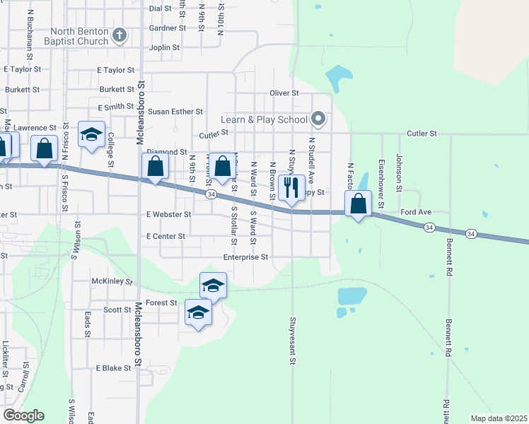 map of restaurants, bars, coffee shops, grocery stores, and more near 1209 East Main Street in Benton