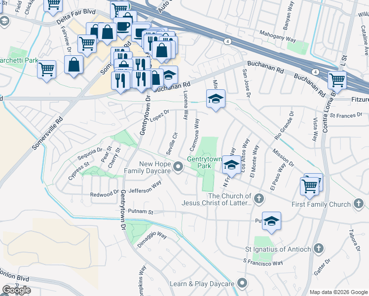 map of restaurants, bars, coffee shops, grocery stores, and more near 2921 Lucena Way in Antioch