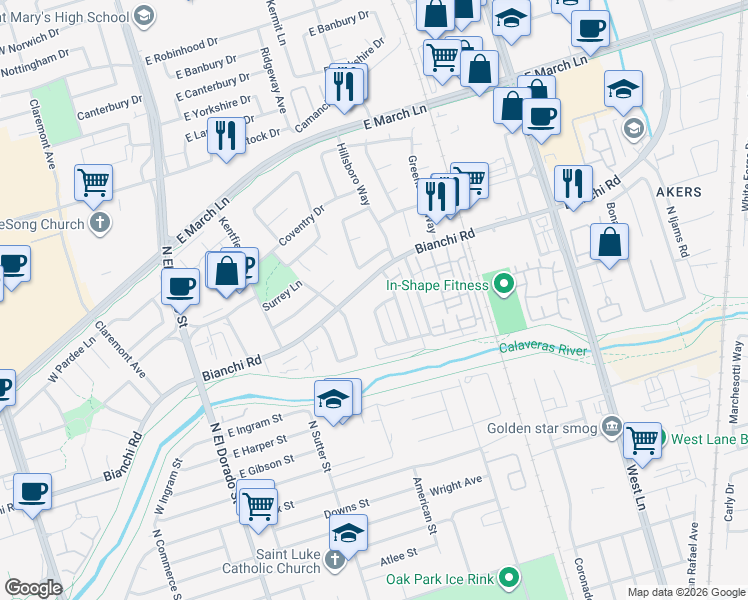 map of restaurants, bars, coffee shops, grocery stores, and more near 4471 La Cresta Way in Stockton