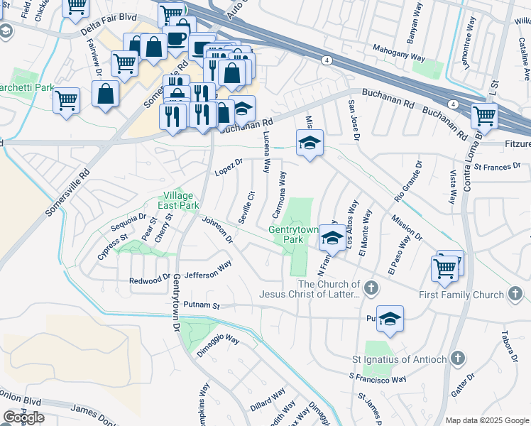 map of restaurants, bars, coffee shops, grocery stores, and more near 2921 Lucena Way in Antioch