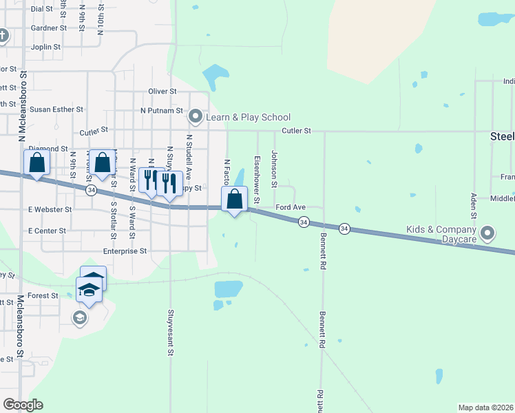 map of restaurants, bars, coffee shops, grocery stores, and more near 9121 Eisenhower Street in Benton