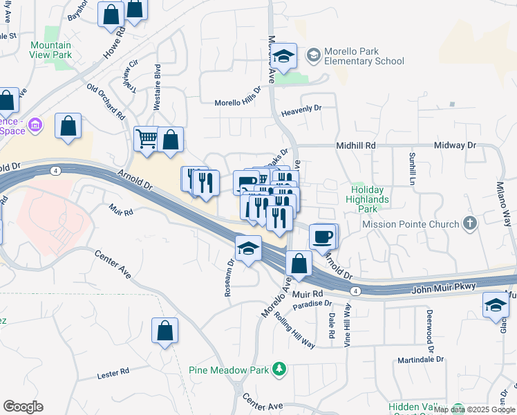 map of restaurants, bars, coffee shops, grocery stores, and more near 1145 Arnold Drive in Martinez