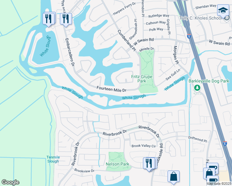 map of restaurants, bars, coffee shops, grocery stores, and more near 3746 Fourteen Mile Drive in Stockton