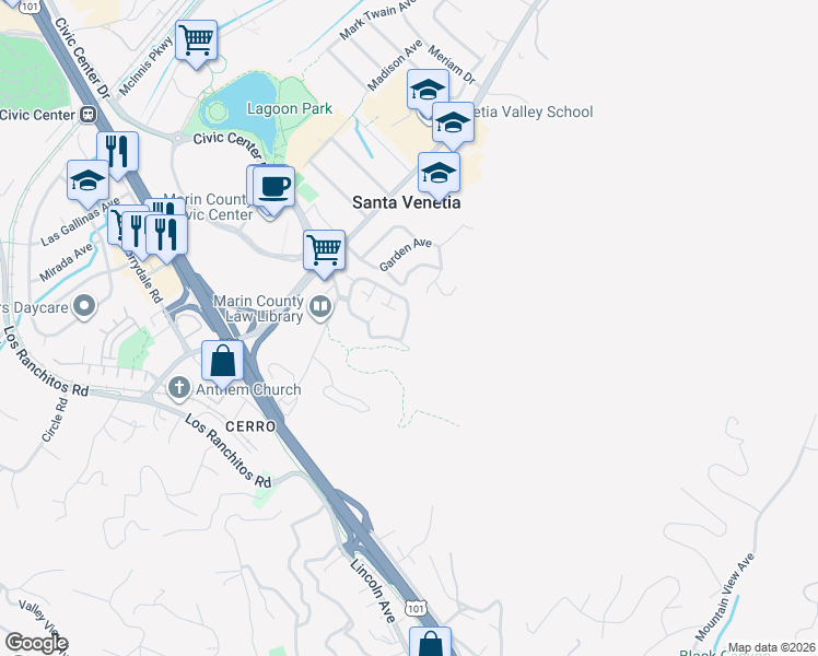 map of restaurants, bars, coffee shops, grocery stores, and more near 53 Village Circle in San Rafael