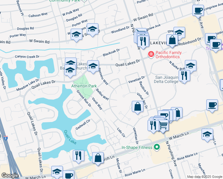 map of restaurants, bars, coffee shops, grocery stores, and more near 5403 Passero Way in Stockton