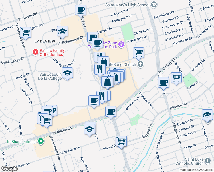 map of restaurants, bars, coffee shops, grocery stores, and more near 4940 Pacific Ave in Stockton