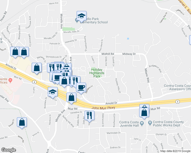 map of restaurants, bars, coffee shops, grocery stores, and more near 650 Fig Tree Lane in Martinez