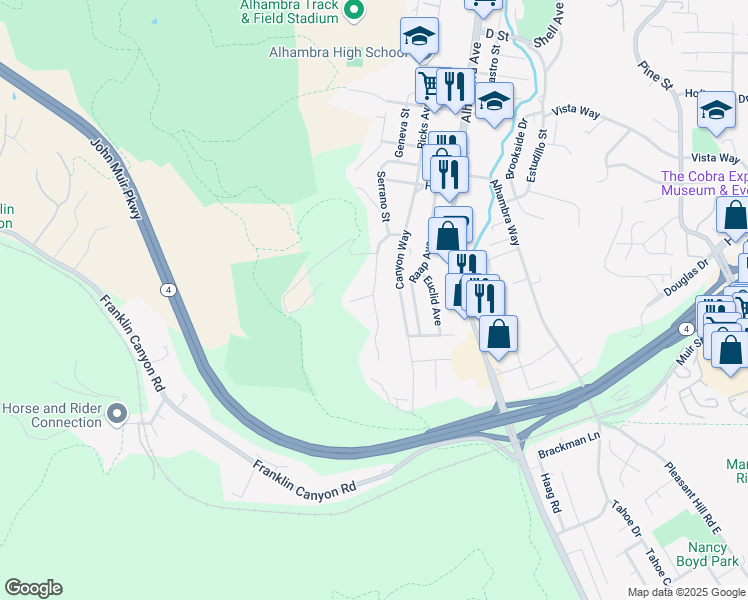map of restaurants, bars, coffee shops, grocery stores, and more near Saint Marys Street in Martinez