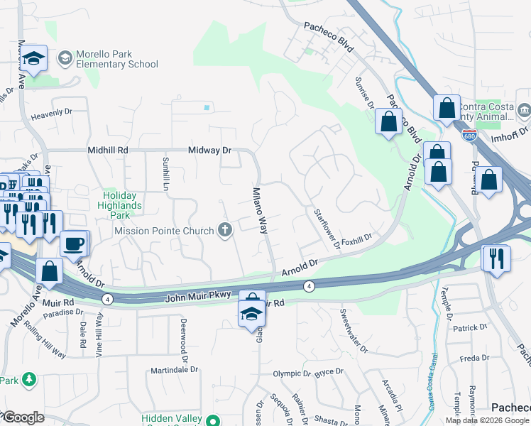 map of restaurants, bars, coffee shops, grocery stores, and more near 4961 Milano Way in Martinez