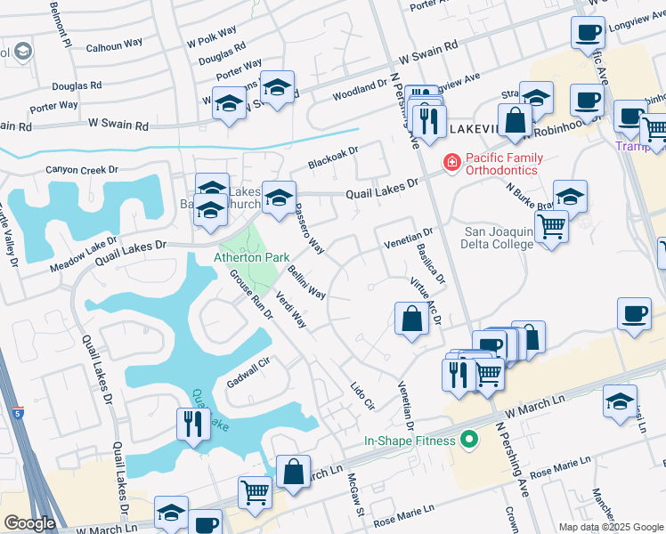 map of restaurants, bars, coffee shops, grocery stores, and more near 5403 Passero Way in Stockton