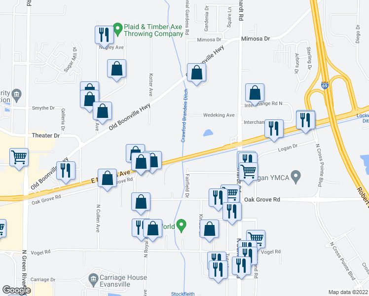 map of restaurants, bars, coffee shops, grocery stores, and more near 5950 East Morgan Avenue in Evansville