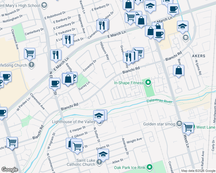 map of restaurants, bars, coffee shops, grocery stores, and more near 405 East Bianchi Road in Stockton