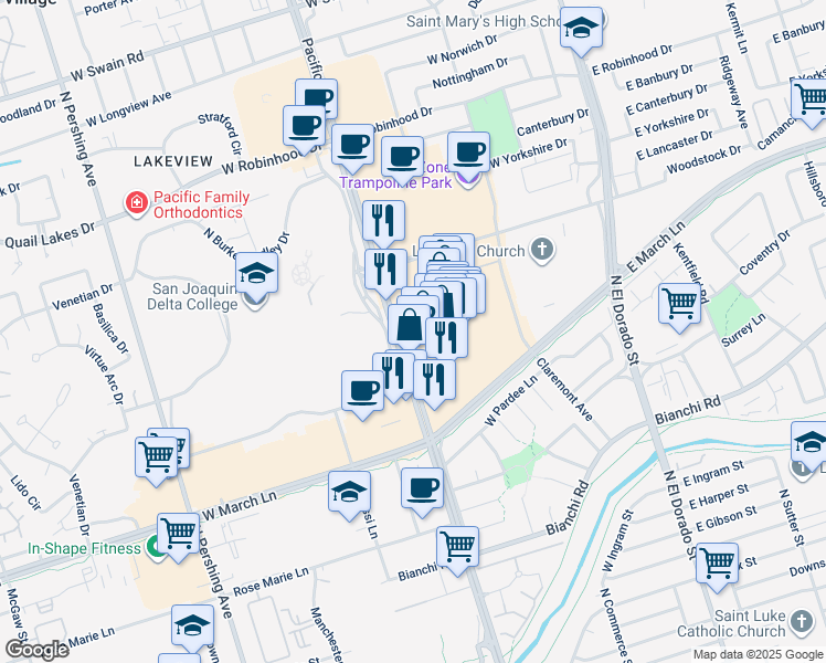map of restaurants, bars, coffee shops, grocery stores, and more near 4940 Pacific Ave in Stockton