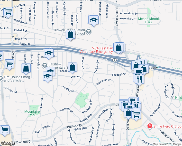 map of restaurants, bars, coffee shops, grocery stores, and more near 2900 Harbour Drive in Antioch