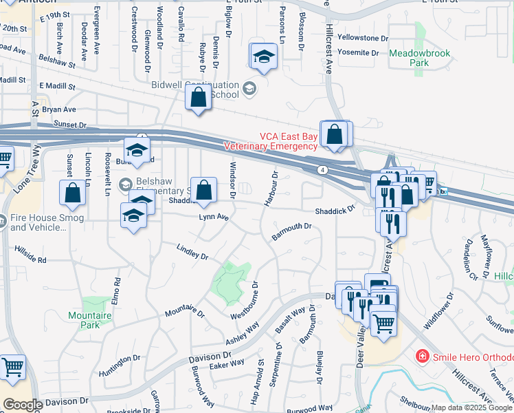 map of restaurants, bars, coffee shops, grocery stores, and more near 2900 Harbour Drive in Antioch