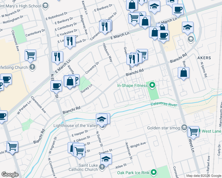 map of restaurants, bars, coffee shops, grocery stores, and more near 405 East Bianchi Road in Stockton