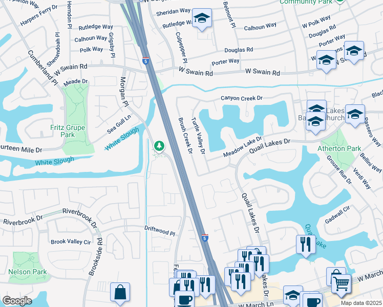 map of restaurants, bars, coffee shops, grocery stores, and more near 5705 Turtle Valley Drive in Stockton