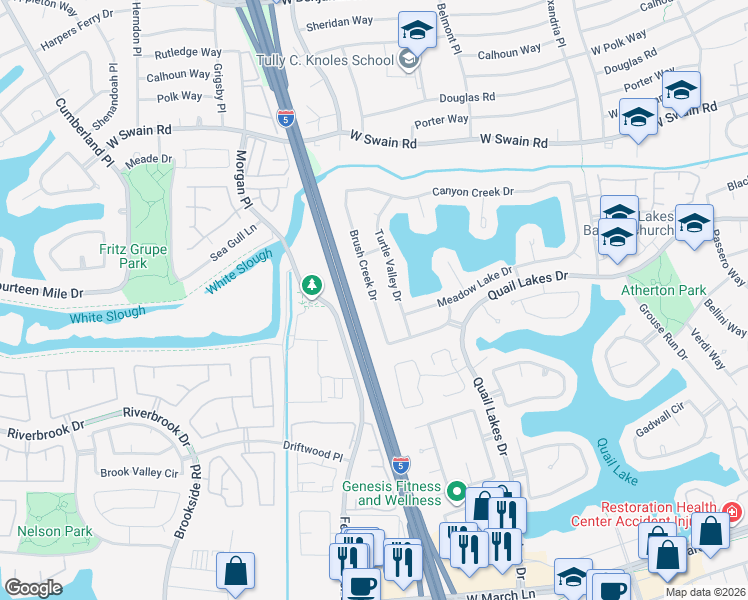 map of restaurants, bars, coffee shops, grocery stores, and more near 5705 Turtle Valley Drive in Stockton