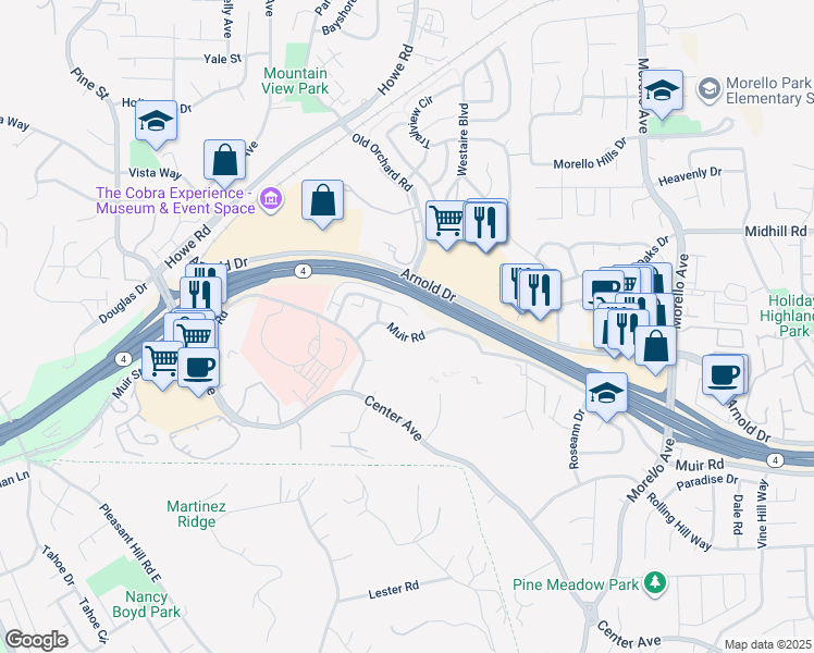 map of restaurants, bars, coffee shops, grocery stores, and more near 247 Arana Drive in Martinez