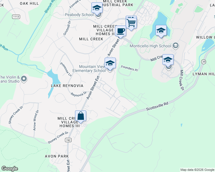 map of restaurants, bars, coffee shops, grocery stores, and more near 2068 Avinity Loop in Charlottesville