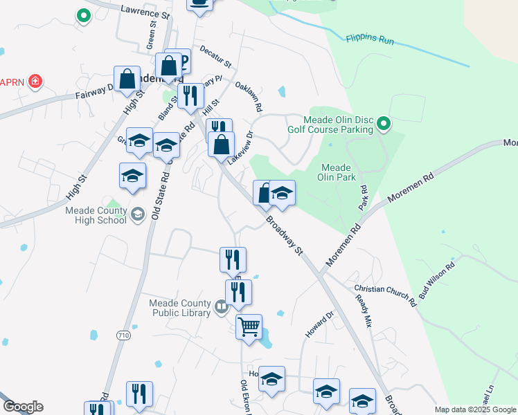 map of restaurants, bars, coffee shops, grocery stores, and more near 484 East Broadway in Brandenburg