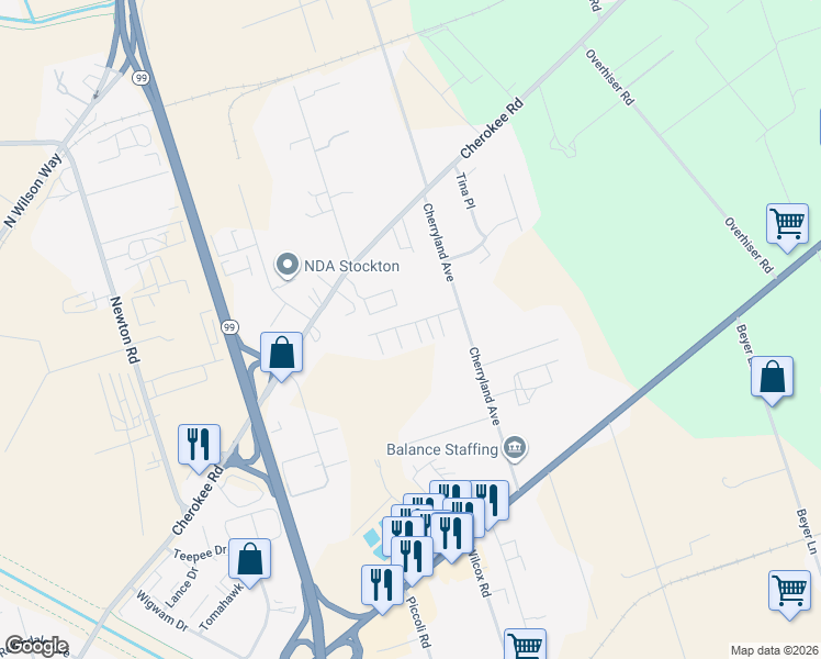 map of restaurants, bars, coffee shops, grocery stores, and more near 3431 Cherryland Avenue in Stockton