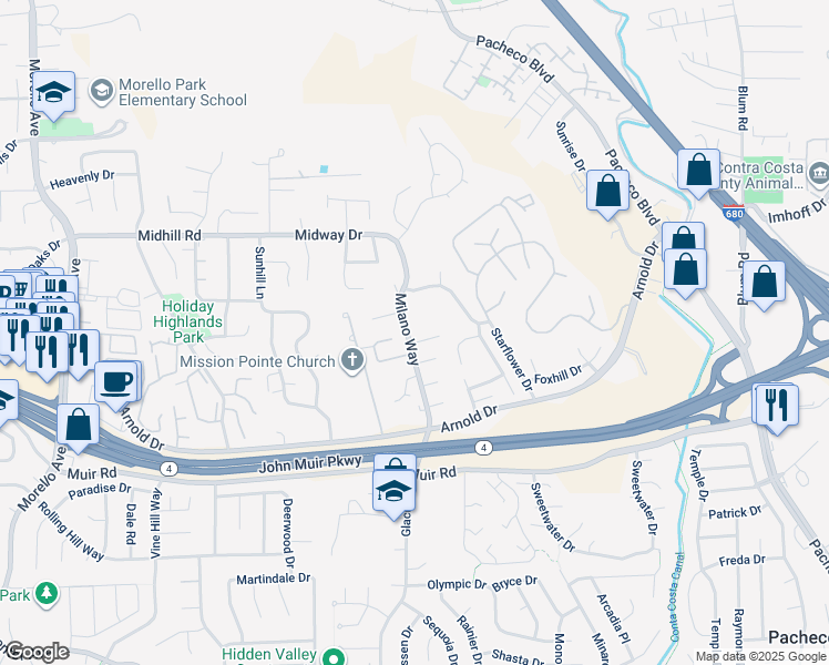 map of restaurants, bars, coffee shops, grocery stores, and more near 4961 Milano Way in Martinez