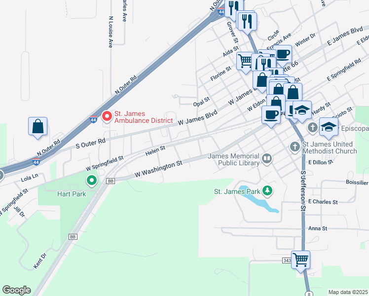 map of restaurants, bars, coffee shops, grocery stores, and more near 618 Helen Street in Saint James