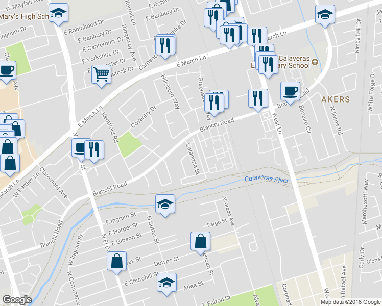 map of restaurants, bars, coffee shops, grocery stores, and more near 7741 La Cresta Way in Stockton