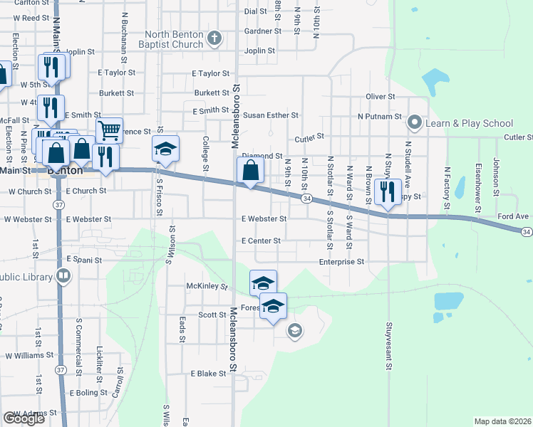 map of restaurants, bars, coffee shops, grocery stores, and more near 109 South 8th Street in Benton